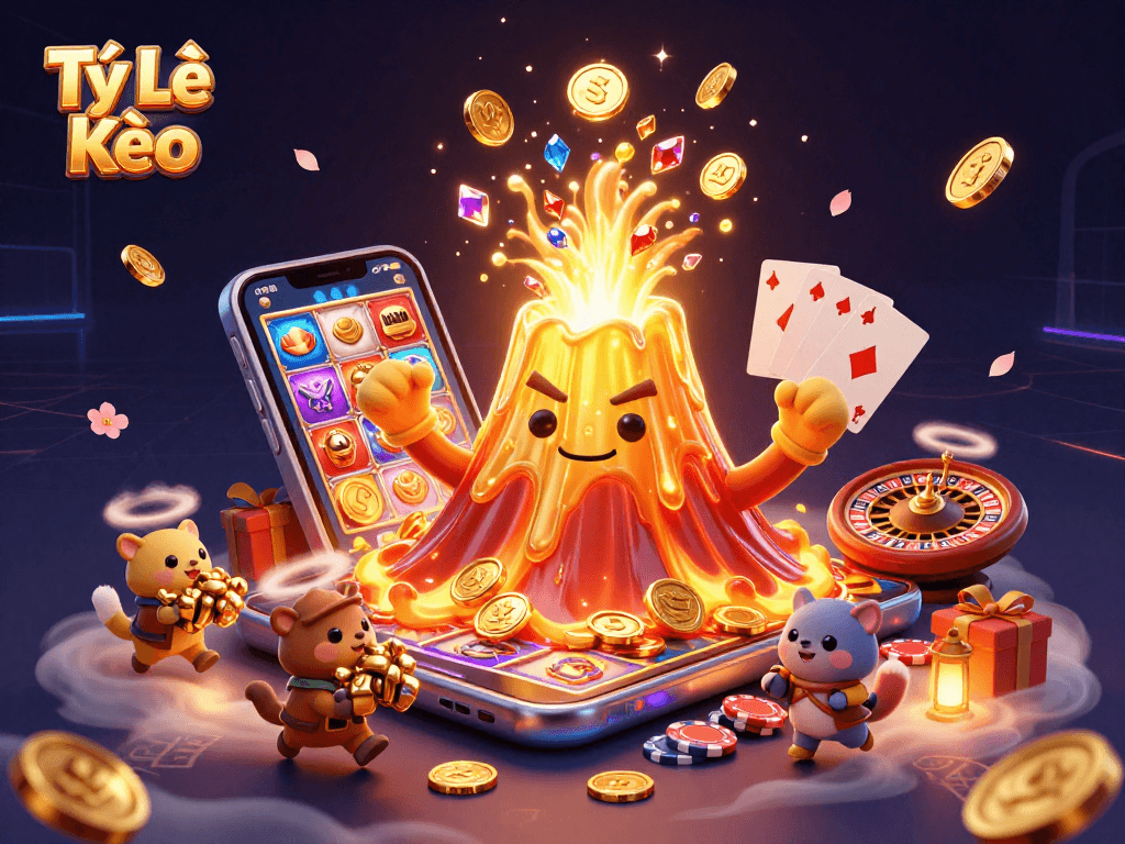 Tỷ Lệ Kèo shows a golden volcano erupting treasure while tiny explorers flee in excitement, enhancing the thrill of gaming.