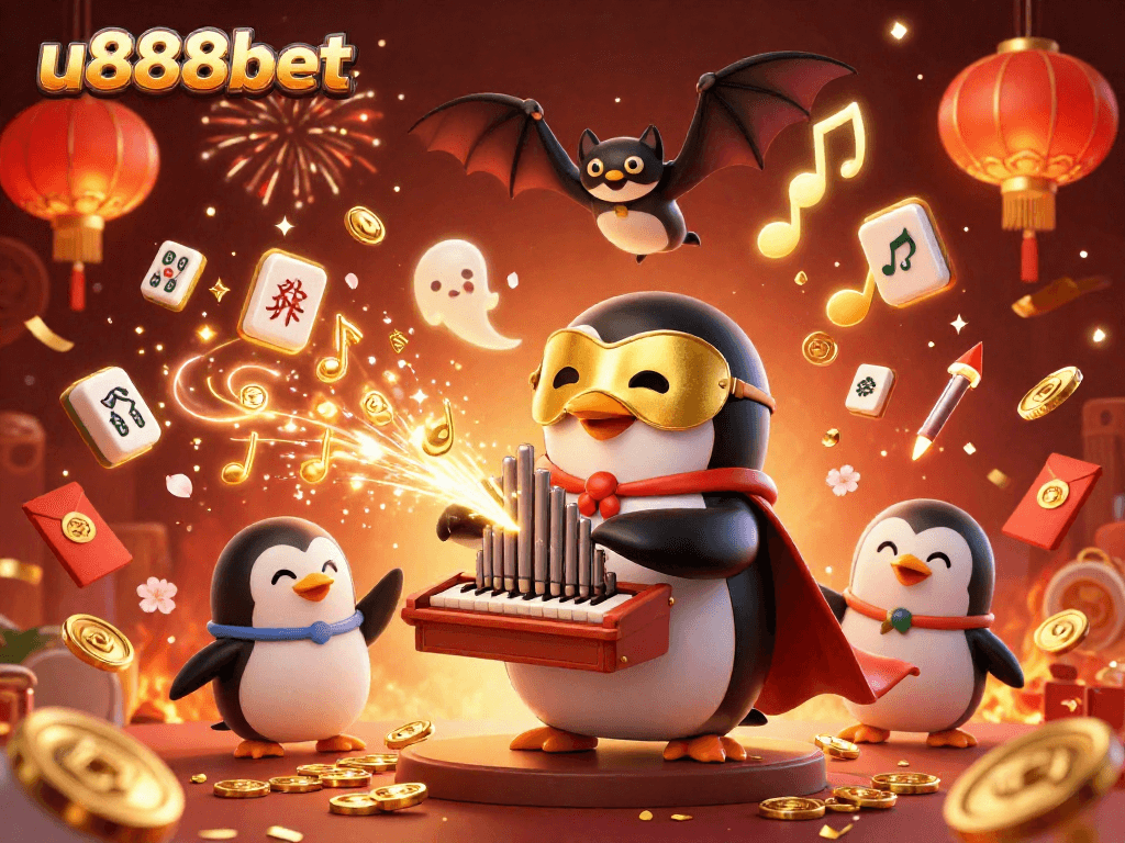 Win exciting rewards at u888bet in a vibrant 3D casino scene featuring a whimsical penguin.