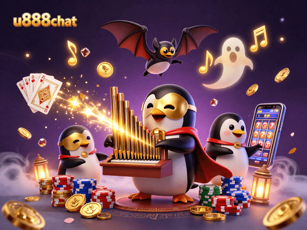 Join the excitement of u888chat, featuring a penguin playing organ with coins, cards, and vibrant gaming elements.