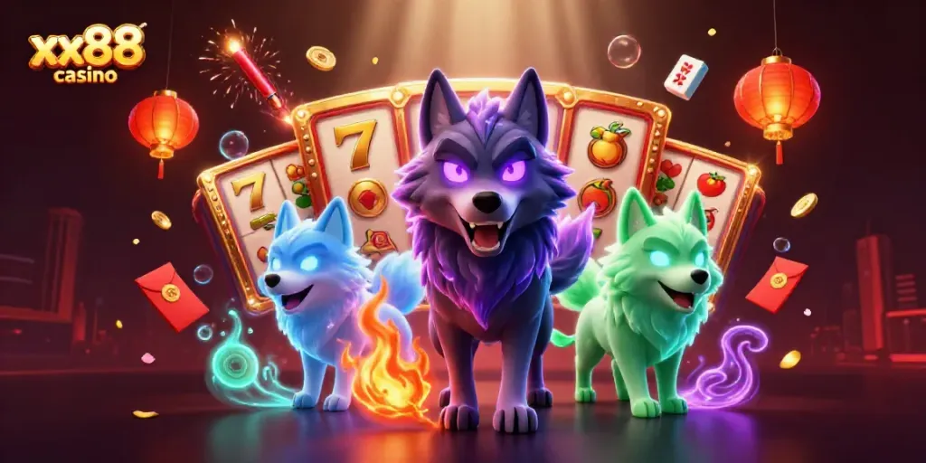 Experience the excitement of xx88 casino with our animated slot scene featuring glowing wolves and vibrant game elements.