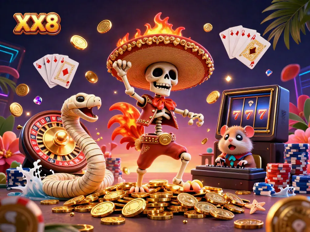 Experience the excitement of XX8 gaming with a lively scene of a dancing mariachi skeleton and a DJ hamster.