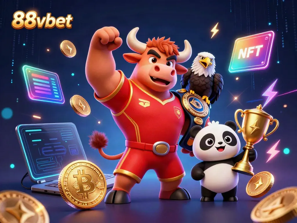 Experience winning excitement at 88vbet with vibrant gaming characters amidst crypto elements.