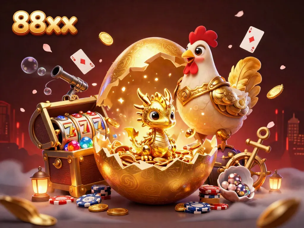 Experience the thrilling world of 88xx with a baby golden dragon and a nest of poker chips amidst dazzling slot game elements.