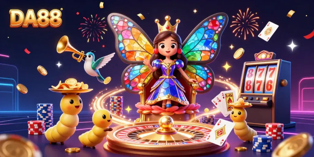 Experience the excitement of DA88 with a vibrant casino scene featuring colorful characters and dynamic gaming elements.