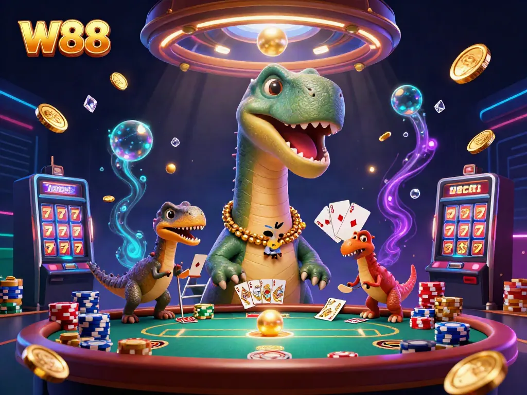 Experience the vibrant world of W88 with a fun casino scene featuring a brontosaurus dealer and colorful poker elements.