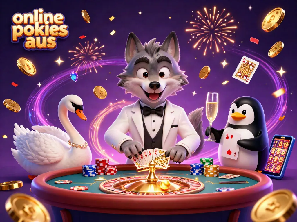 Experience excitement with online pokies aus in this vibrant 3D casino scene showcasing luck and celebration.
