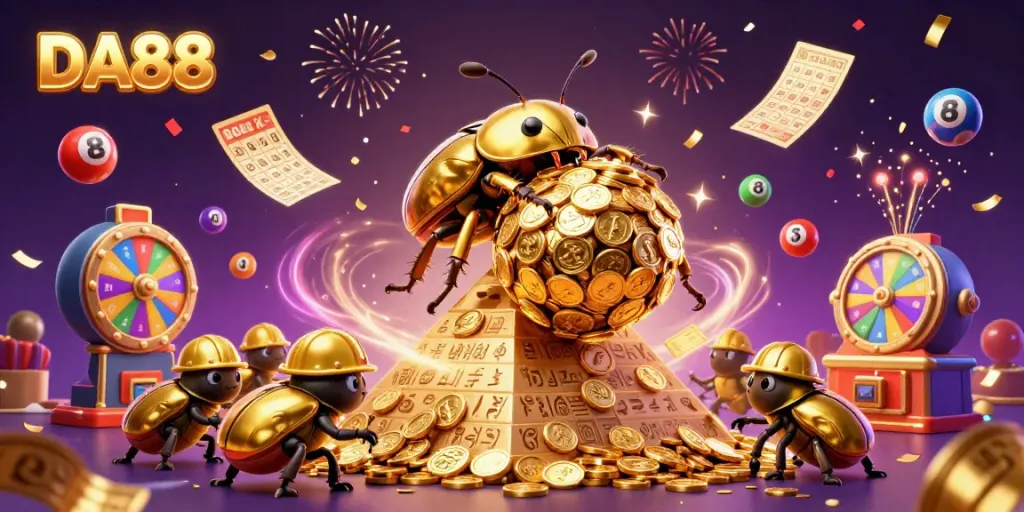 Engage in DA88's exciting casino adventures with golden beetles and vibrant lottery elements!