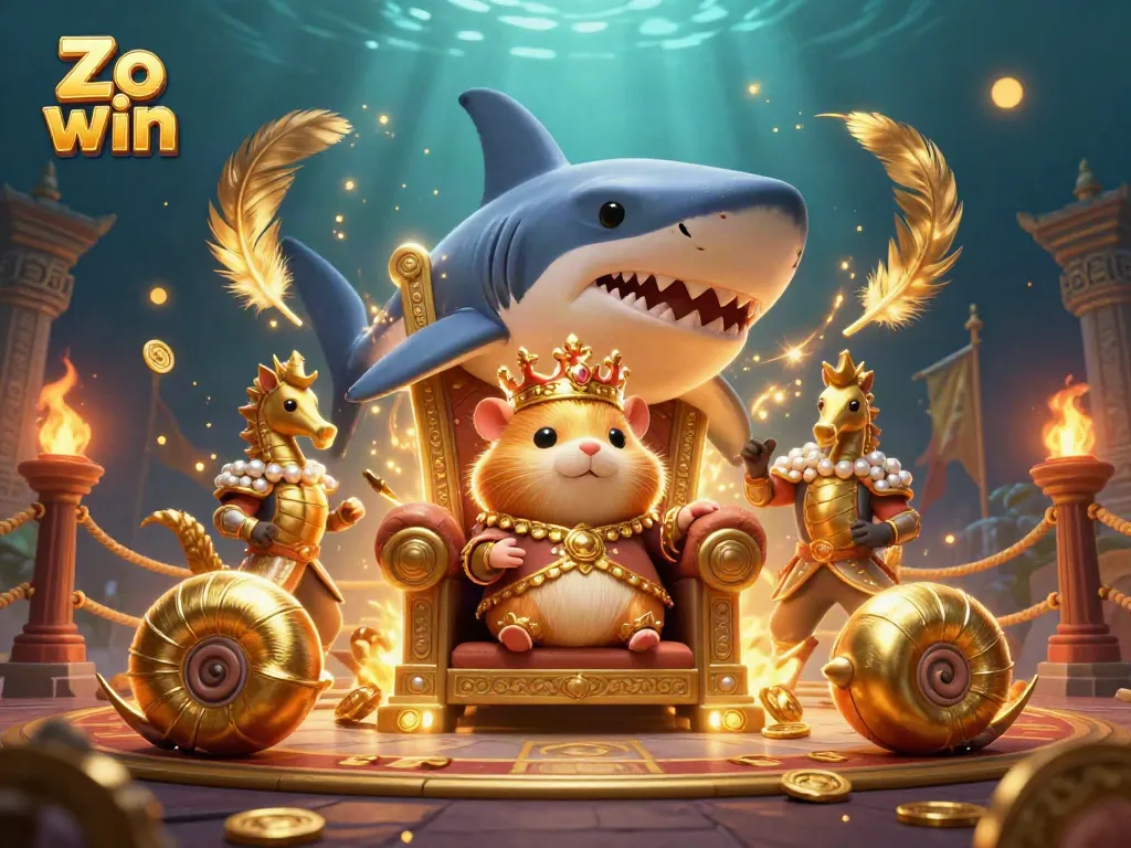 Experience thrilling gameplay at Zo win with a fierce golden hamster king amid vibrant casino elements.