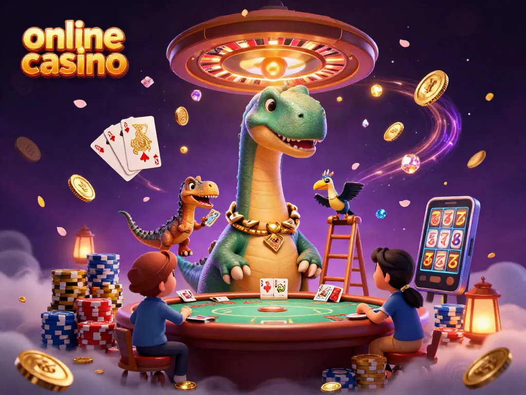 Experience an engaging online casino scene with a brontosaurus and clever raptor dealing cards.