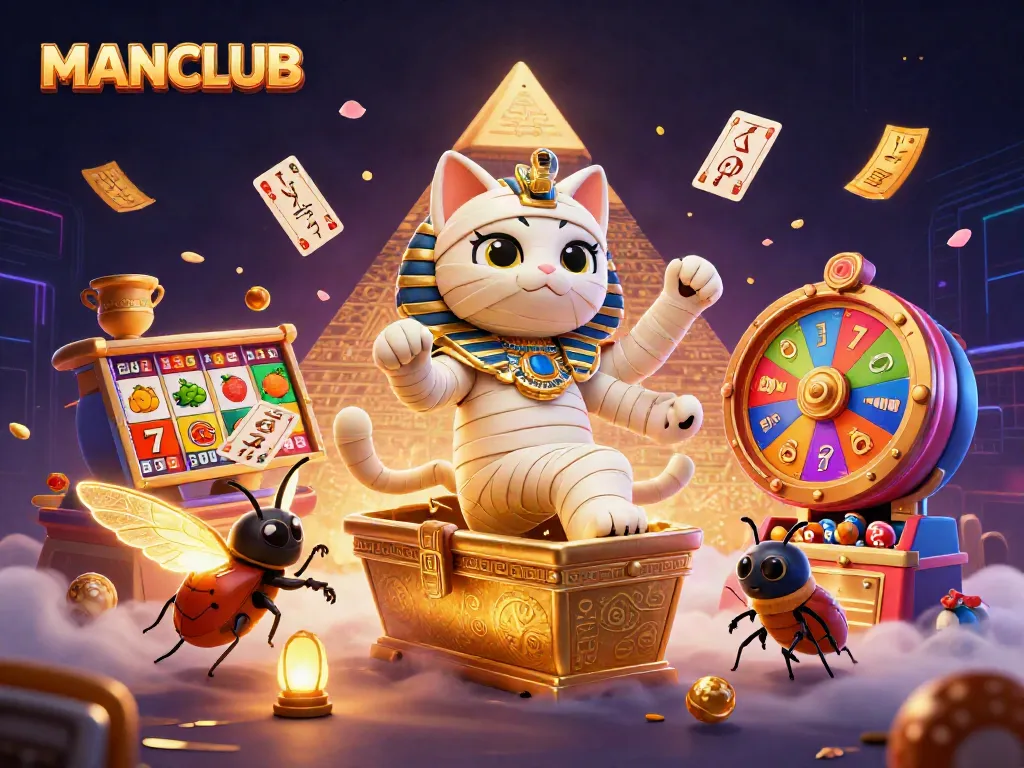 Engage in the MANCLUB experience as a 3D cartoon mummy cat plays slots surrounded by vibrant casino elements.