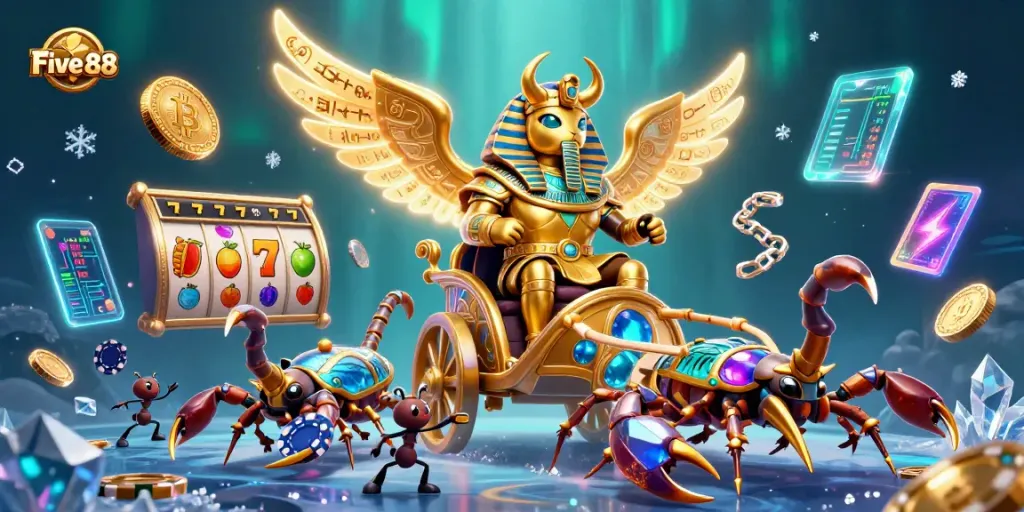 Engage with Five 88's exciting jackpot adventure featuring a heroic beetle and vibrant casino elements.