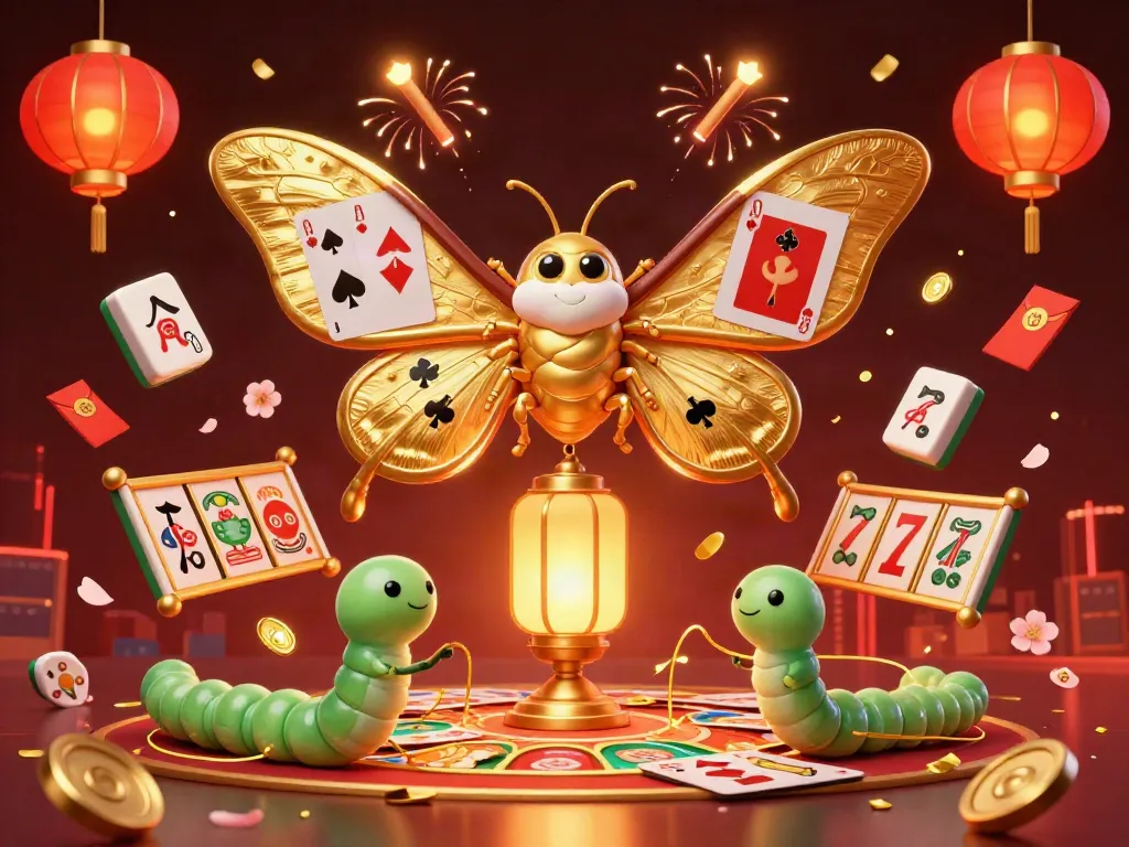 Experience the vibrant world of W88 with this enchanting 3D illustration of a golden moth in a lively casino.