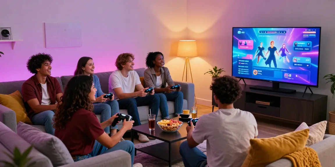 Friends enjoying online porn games in a lively living room setting.