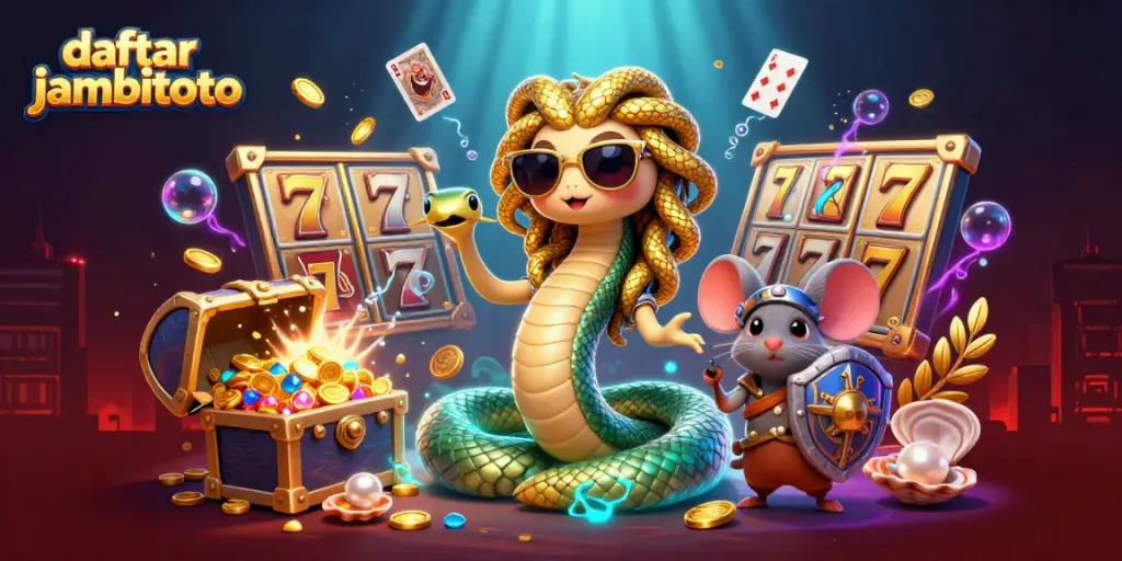 Play and win with daftar jambitoto's exciting casino-themed illustration featuring vibrant characters.