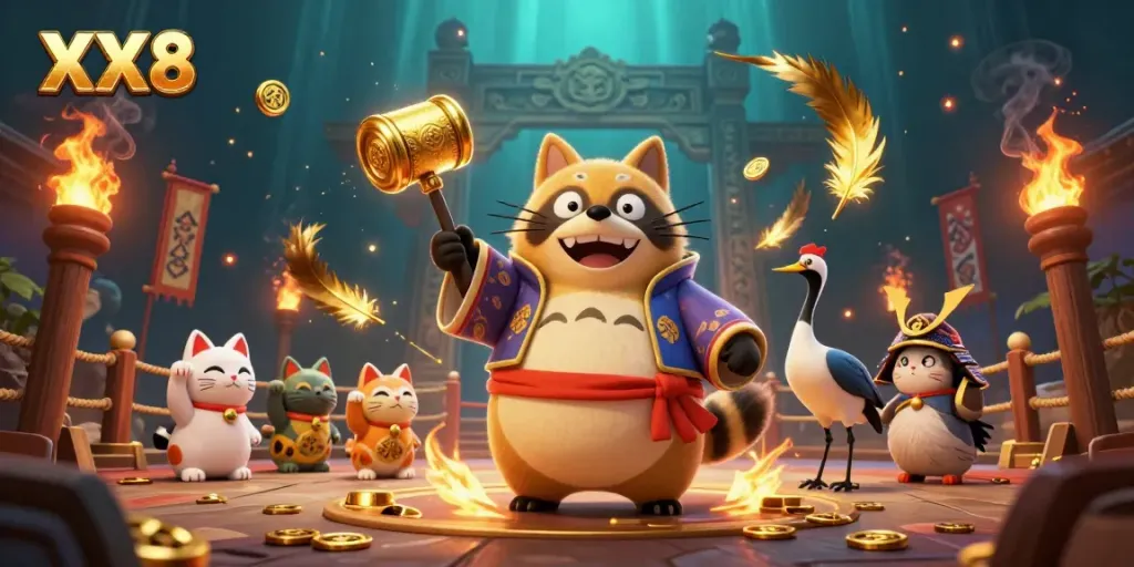 Engage in exciting gameplay at XX8 featuring a cheerful tanuki, samurai crane, and waving fortune cats.