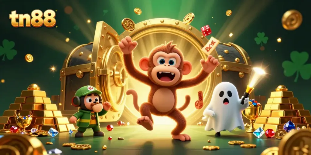 Engage with tn88 in a haunted casino scene where a poltergeist monkey juggles golden coins while a puppy hunts for thrills.