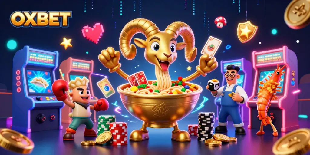Experience OXBET's vibrant casino atmosphere with a colorful 3D illustration of playful characters.