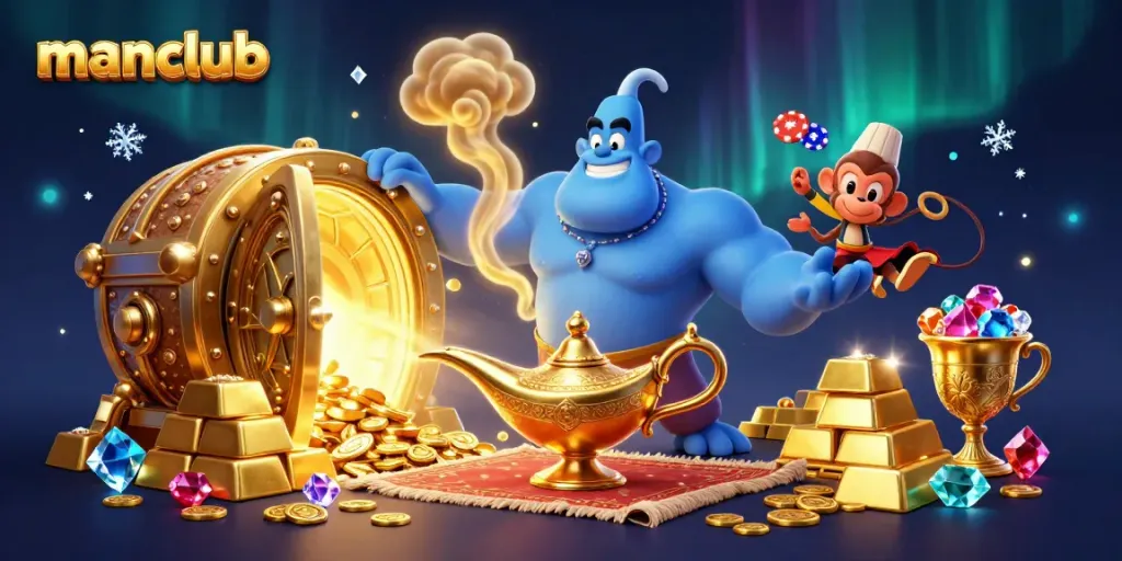 Play exciting casino games at manclub with vibrant, richly detailed illustrations of a magical genie and treasures.