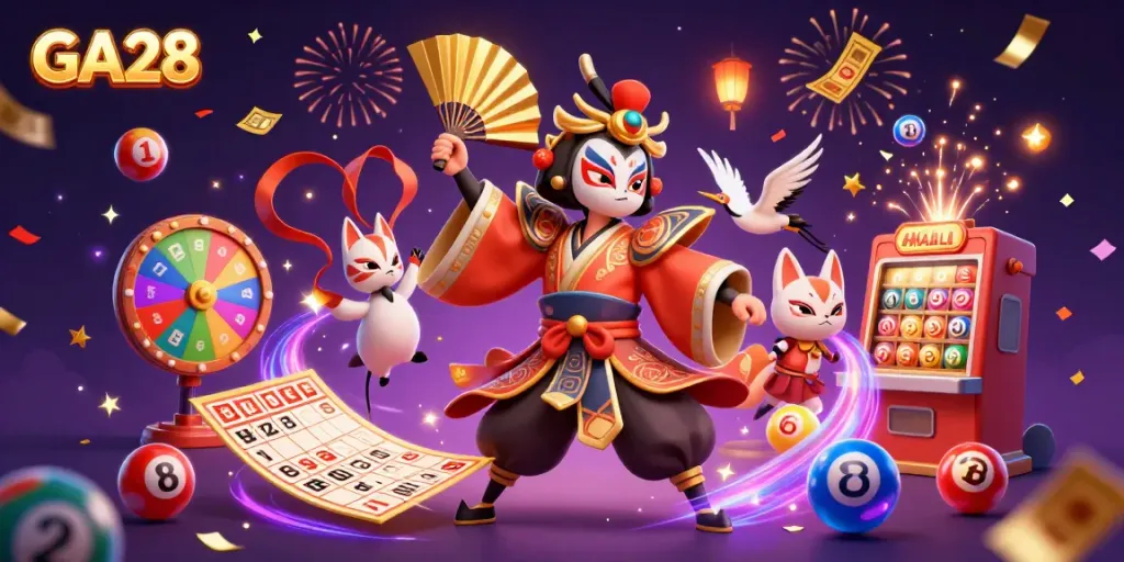 Experience the thrill of GA28's vibrant gaming world with colorful dynamic elements and captivating characters.