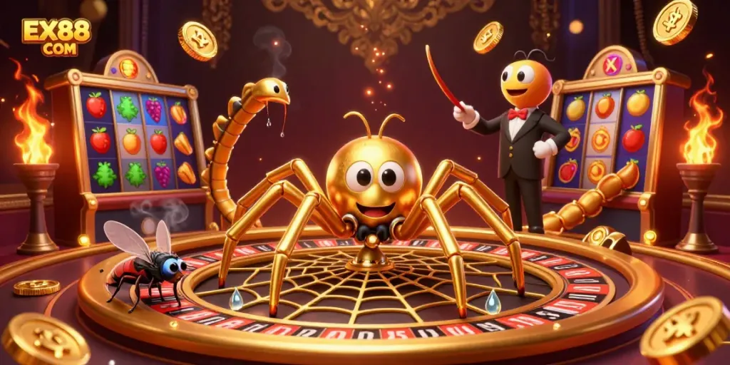 Experience the thrill of gaming with EX88 COM, featuring a golden spider and a centipede croupier in a dynamic casino scene.