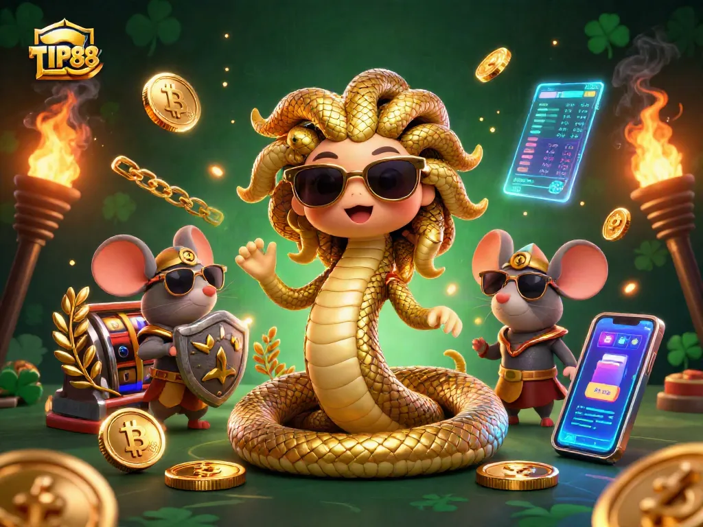 Engage with TIP88's vibrant casino experience featuring Medusa and a warrior mouse among glowing crypto elements.