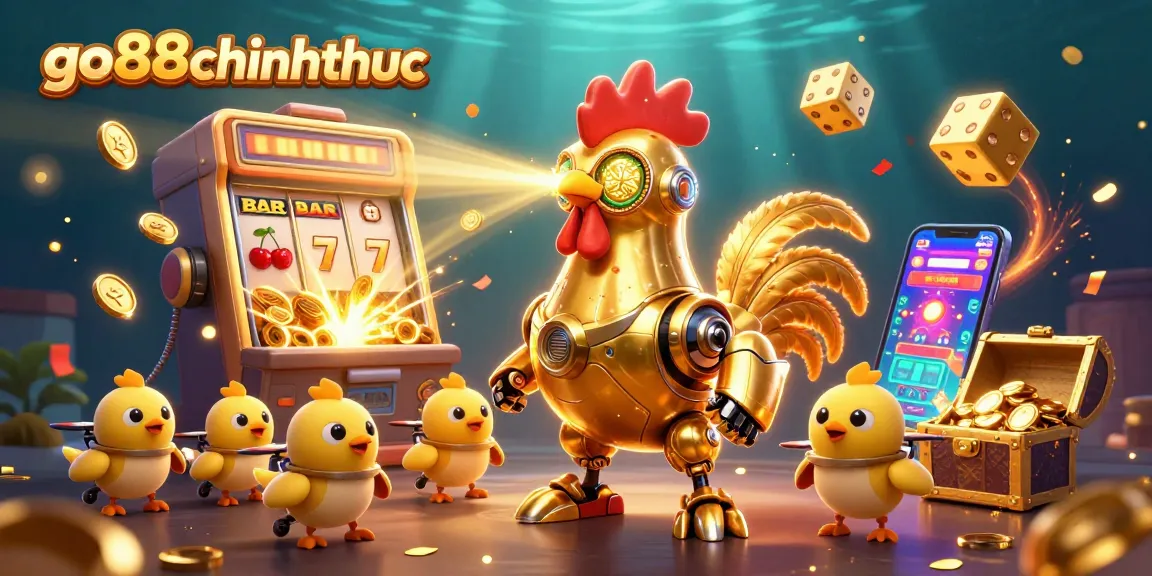 Experience the lively go88chinhthuc casino scene featuring a golden rooster robot and slot machine explosion.