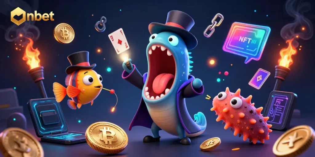 Experience thrilling card tricks in a vibrant nbet casino scene with marine characters.