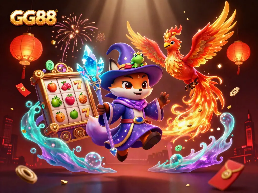 Engage in thrilling GG88 slot gameplay with a mystical fox wizard, phoenix, and vibrant casino elements.