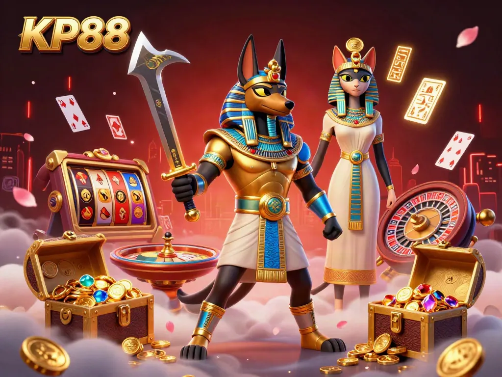 Experience the thrill of KP88 with vibrant slot reels and lively gambling elements in a stunning 3D scene.