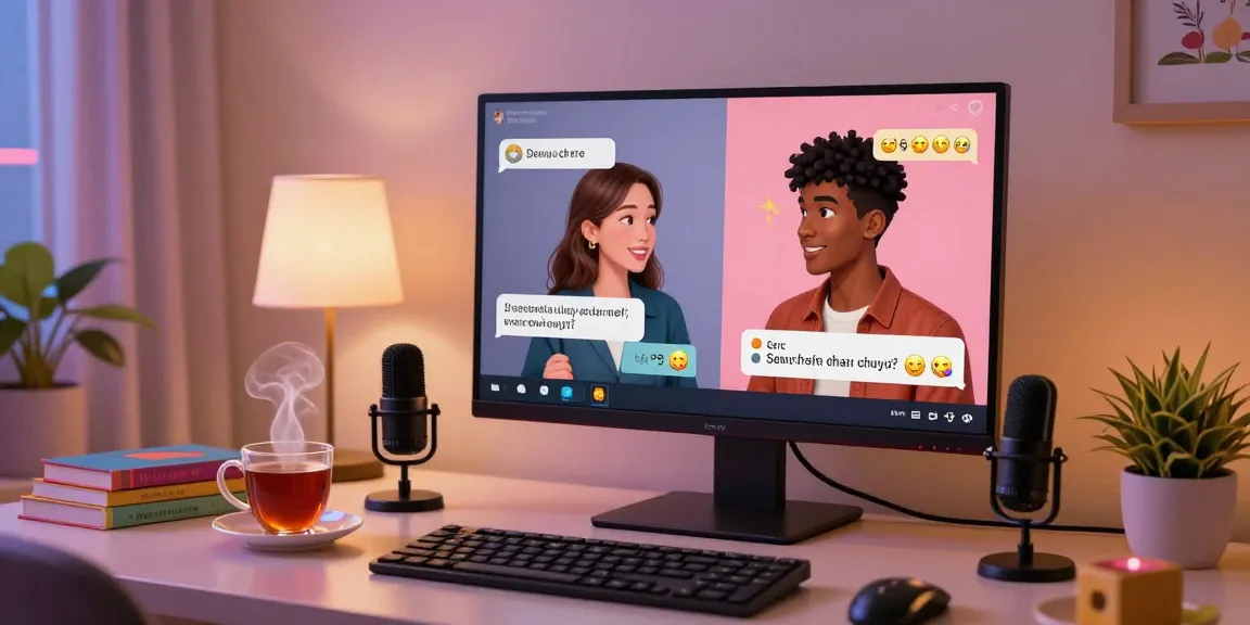 Engaging ai sex chat scene with avatars exchanging flirty messages in a cozy digital space.