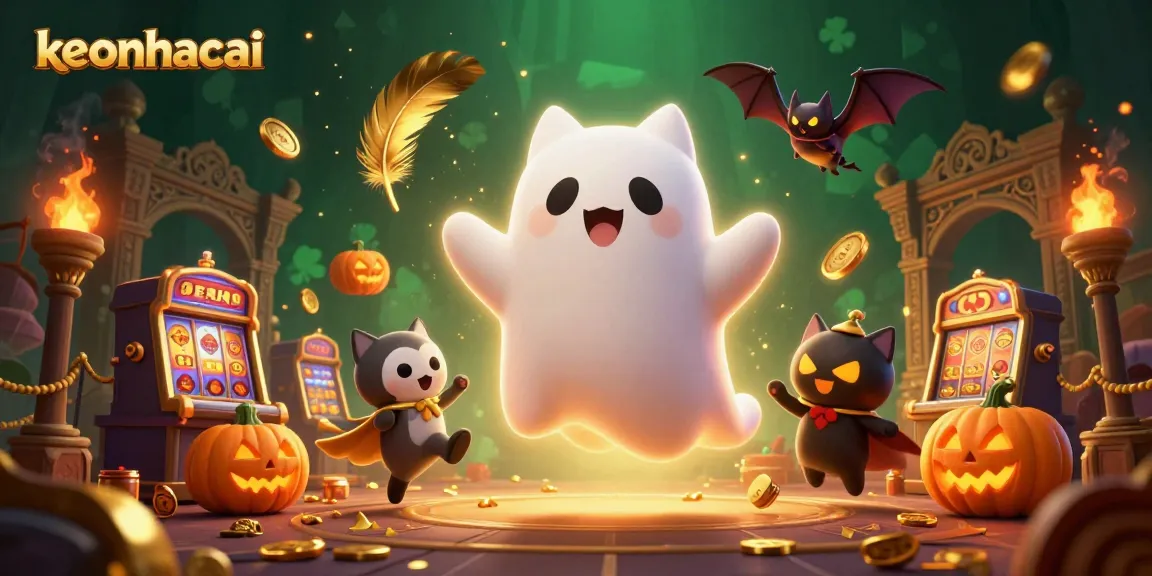 Engage with the keonhacai casino atmosphere featuring a floating ghost cat, vampire bat, and glowing jack-o-lanterns.