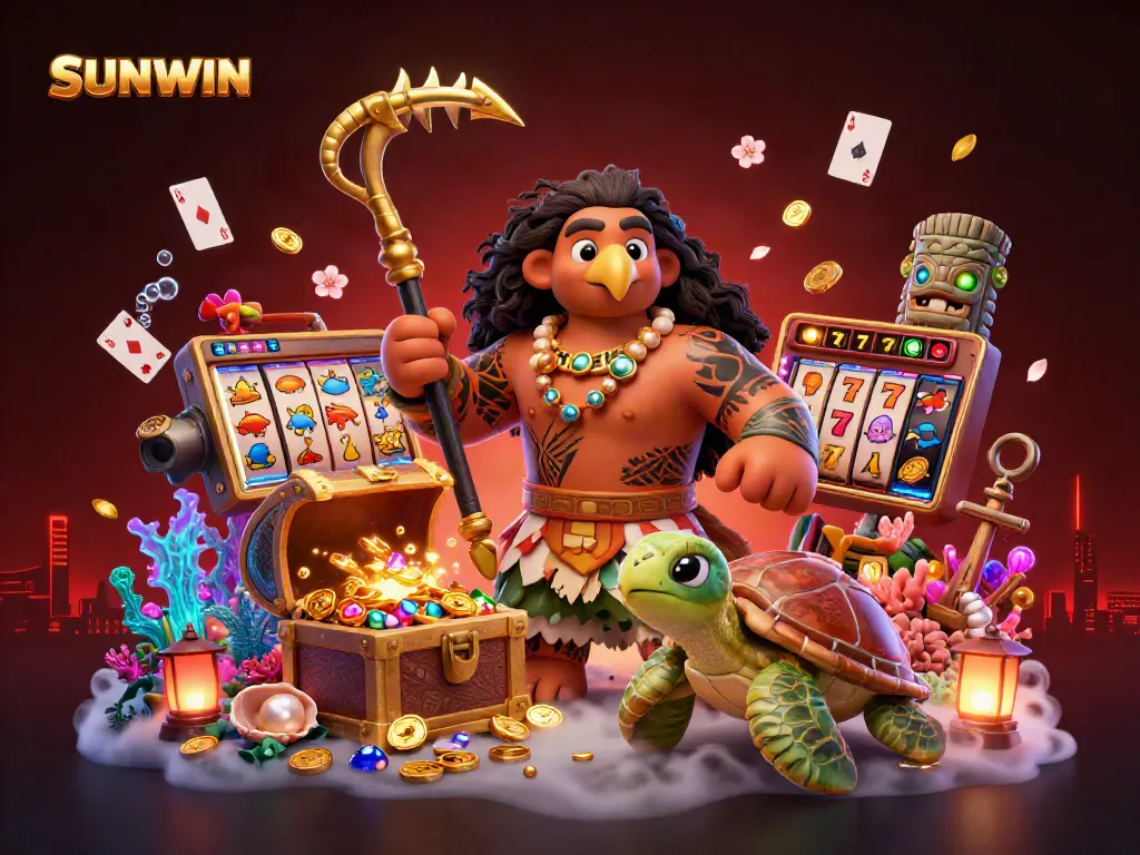 Experience the thrilling gaming adventures at SUNWIN with 3D iconic characters amidst vibrant slot machines and treasure!