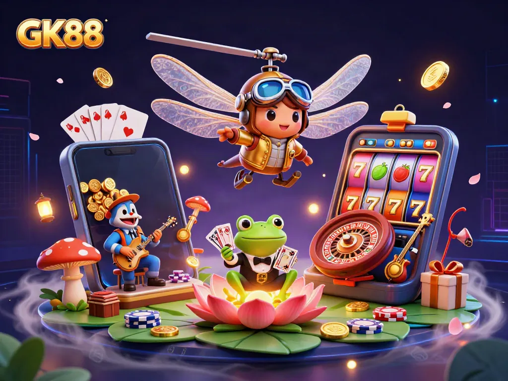 GK88-themed vibrant illustration of a dragonfly pilot, frog croupier, and jazz musicians engaging in a casino scene