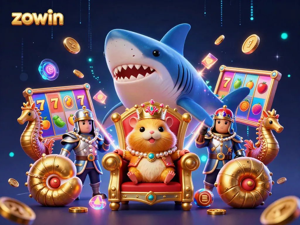 Experience exhilarating gaming at zowin with a vibrant 3D illustration featuring a hamster king and slot elements.