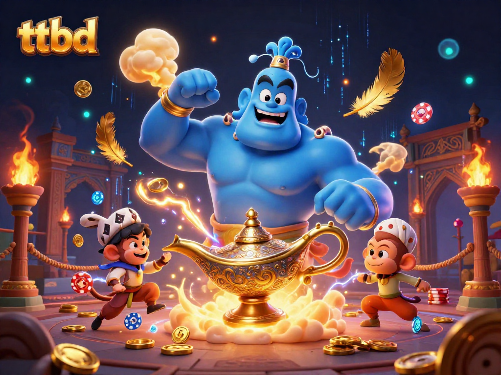 Experience thrilling moments at ttbd with a blue genie and flying magic carpet in this vibrant casino scene.