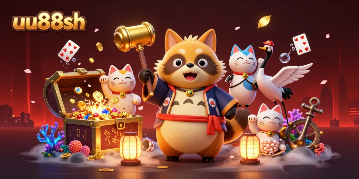 uu88sh engages players with a vibrant 3D illustration featuring a lucky tanuki amidst gaming treasures.