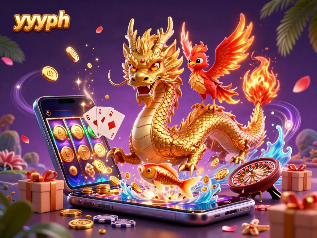 Experience thrilling gameplay with yyyph, featuring a golden dragon, fiery phoenix, and lucky koi fish.