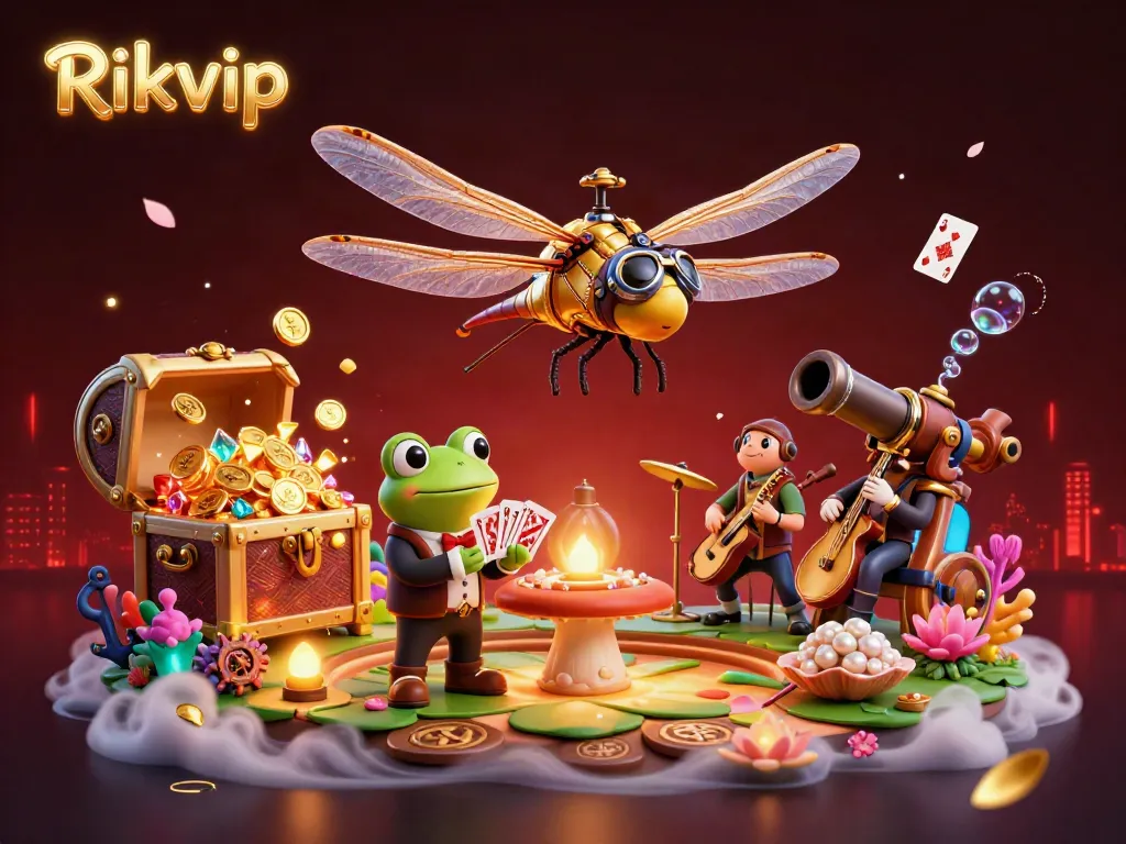 Engage in thrilling gambling with Rikvip featuring a lively 3D casino scene of frog dealers, jazz musicians, and treasure.