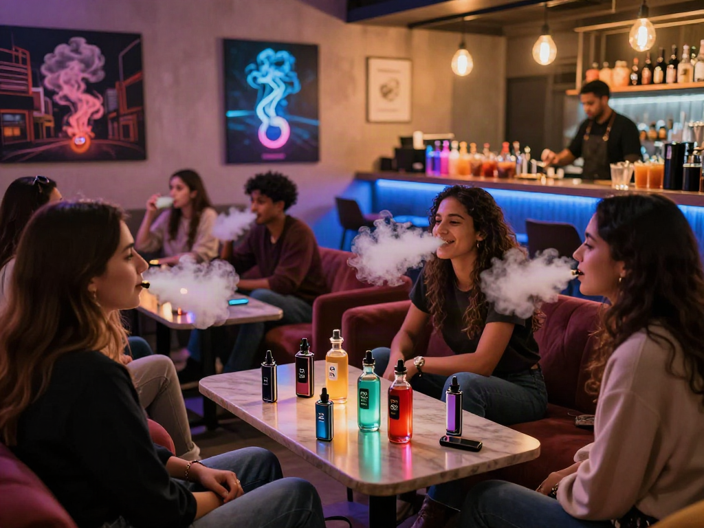 Young adults enjoying raz vape devices in a vibrant lounge, creating flavorful vapor clouds.