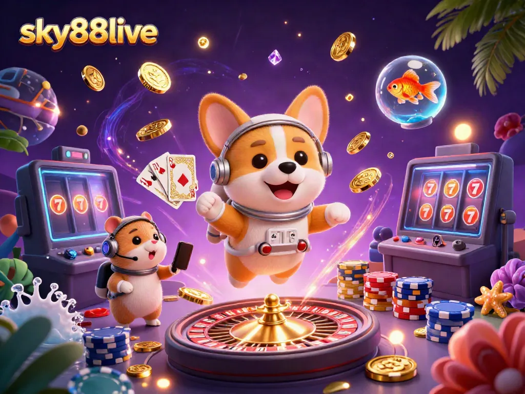 Experience the thrill of sky88live with astronauts and gambling elements in a vibrant casino setting.