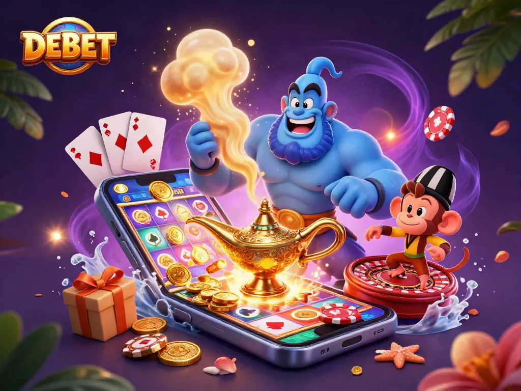 Experience thrilling gameplay with DEBET, featuring a magical genie and vibrant slot games.