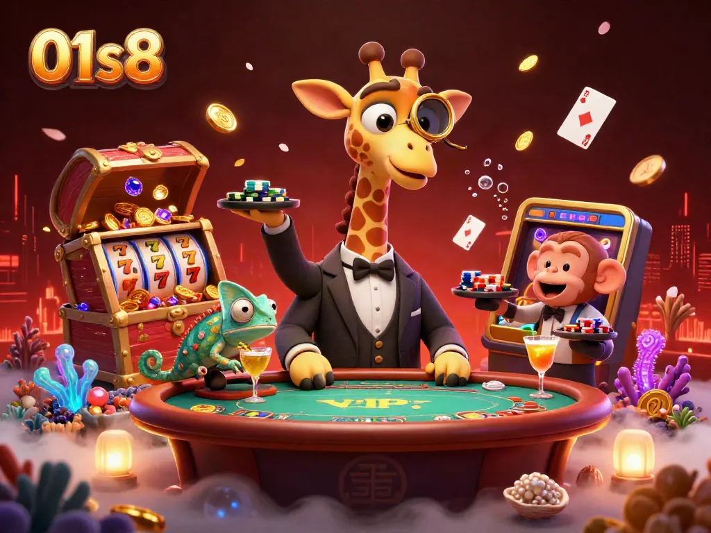 Experience the excitement at 01s8 with a vibrant scene highlighting a giraffe and friends at a lively casino.