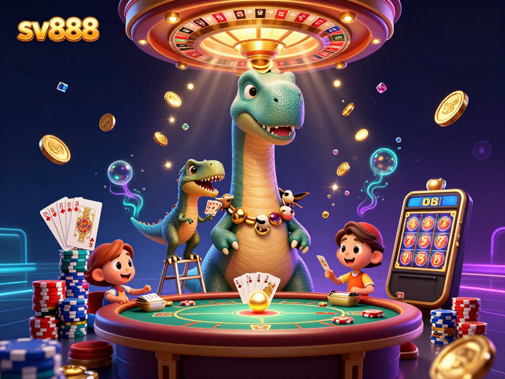 sv888 showcases a colorful casino scene with a giant brontosaurus and raptor dealer amidst vibrant gaming elements.