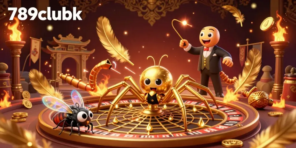 Engage with 789clubk's dynamic roulette scene, featuring a golden spider and centipede croupier in an exhilarating atmosphere.
