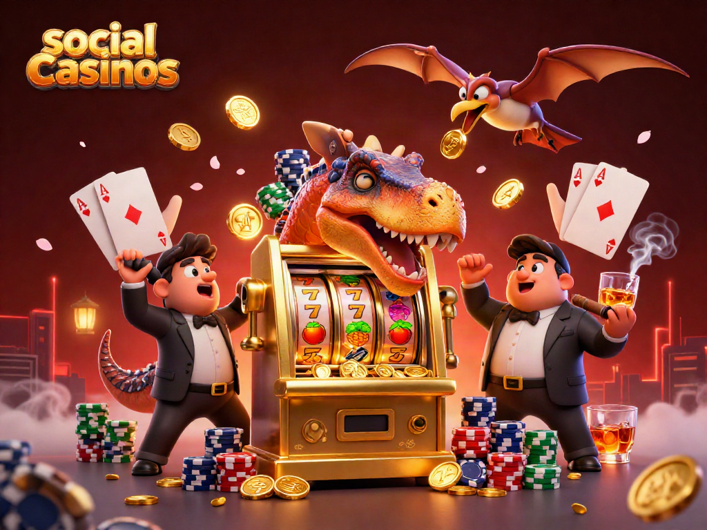 Engage with thrilling social casinos as a pachycephalosaurus jackpots a slot machine amidst casino chaos.