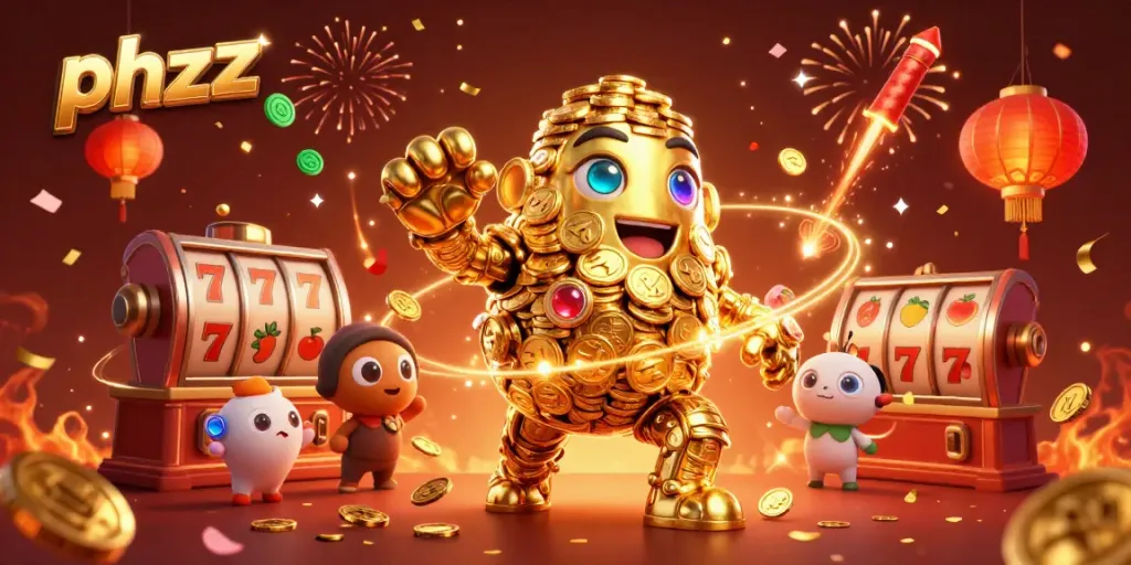 Experience excitement at phzzz casino with animated slot reels and golden golem in vibrant celebration.