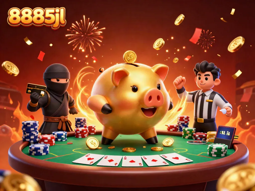 Join the action with 8885jl as a golden piggy bank wrestler and ninja face off in a lively casino scene.