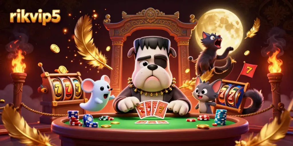 Experience thrilling gameplay with rikvip5's immersive casino scene featuring unique characters and gaming elements.