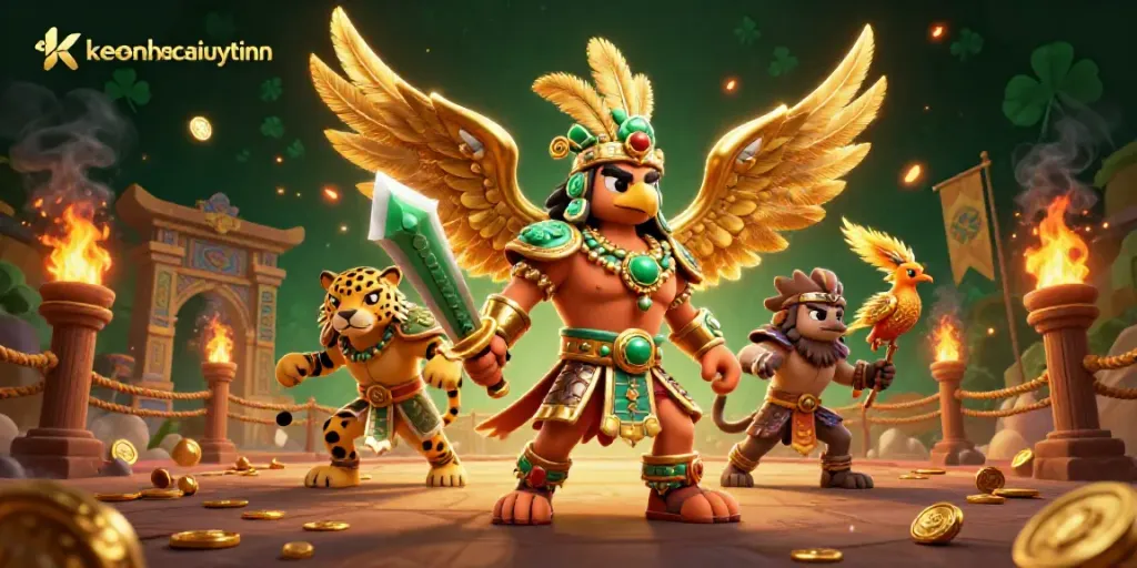 Engage in dynamic sports betting with keonhacaiuytinn, featuring Aztec warriors and vibrant casino elements.