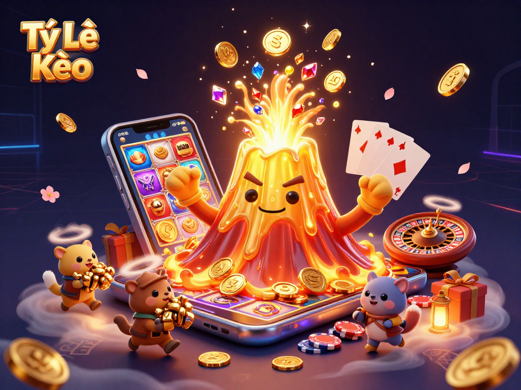 Tỷ Lệ Kèo shows a golden volcano erupting treasure while tiny explorers flee in excitement, enhancing the thrill of gaming.